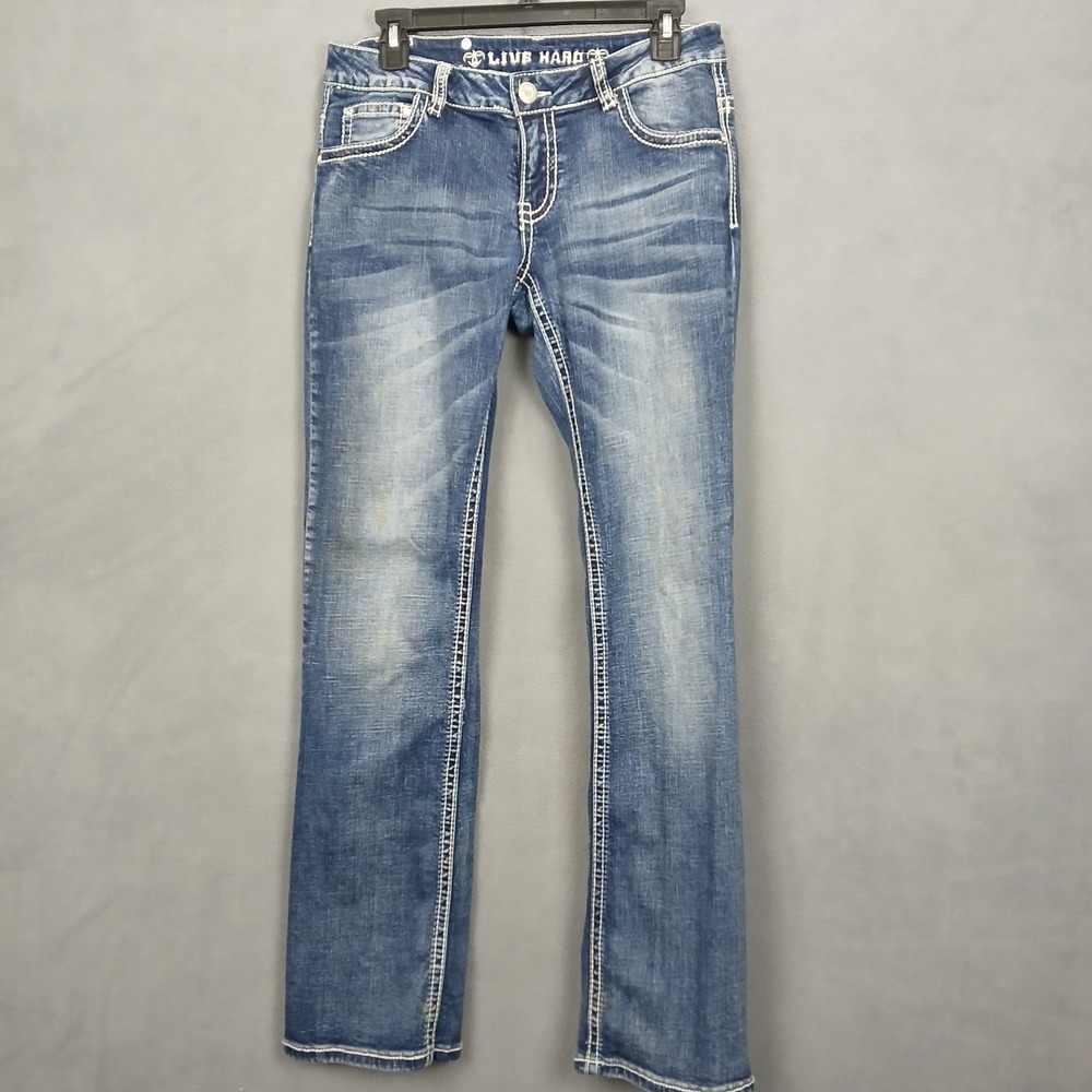 Live Hard Jeans Womens 29 Blue Denim Stretch Mid‎ Rise Streetwear Straight Leg